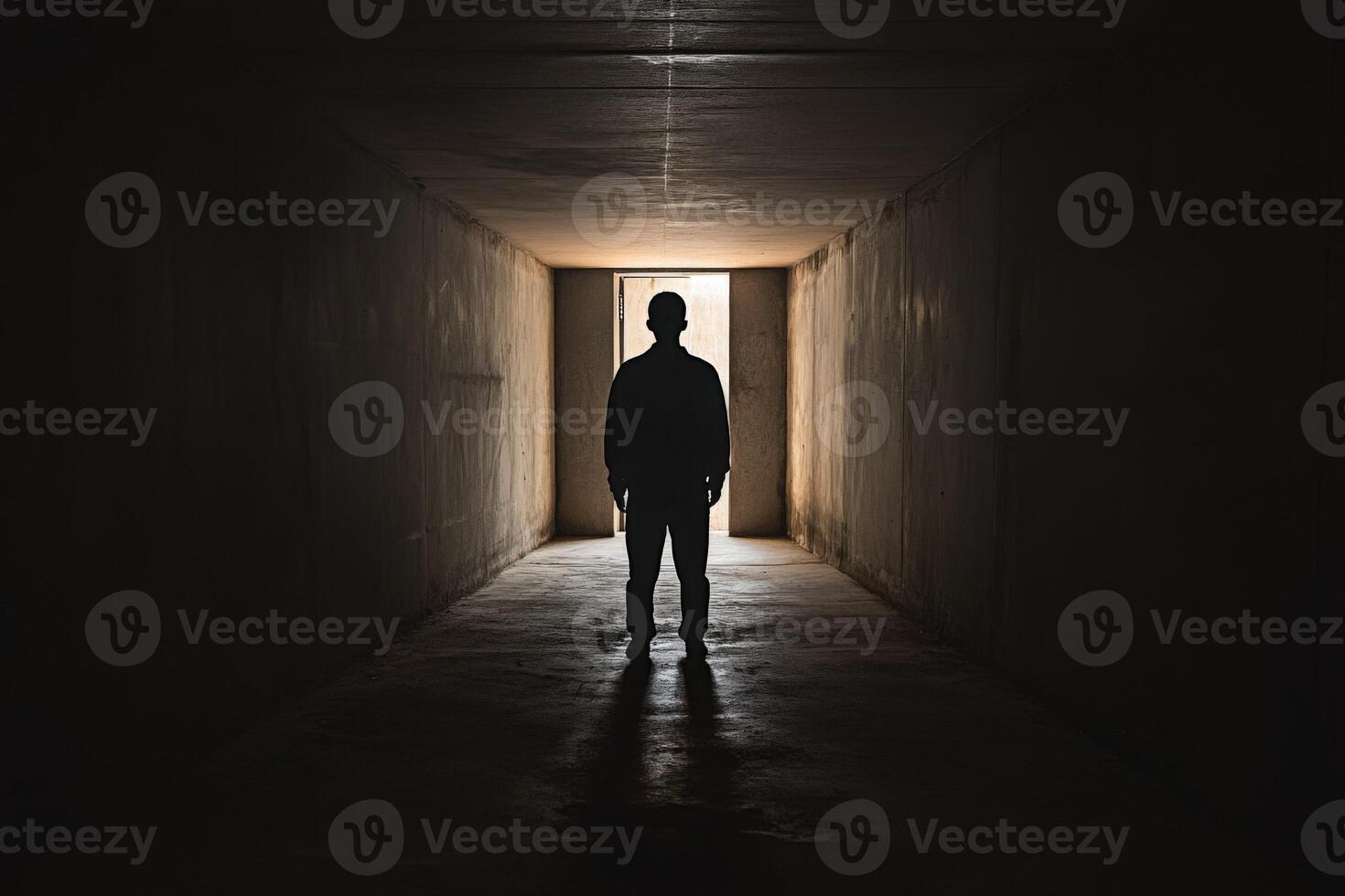 A man standing in a dark tunnel with light coming from the end photo