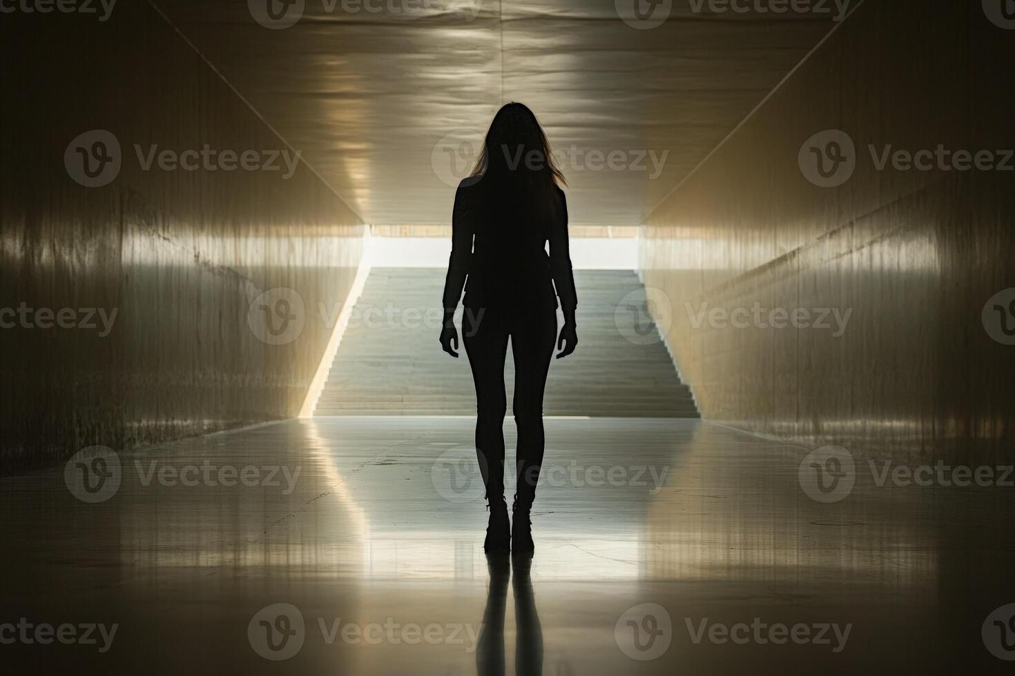 A silhouette of a woman standing in a dark hallway photo