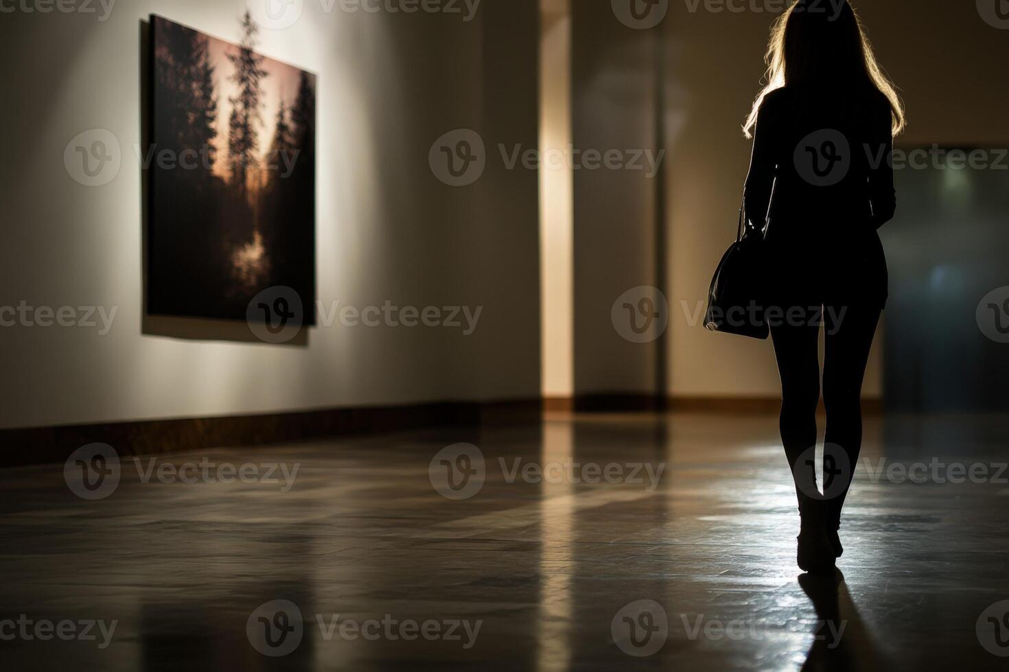 A woman is walking in an art gallery photo