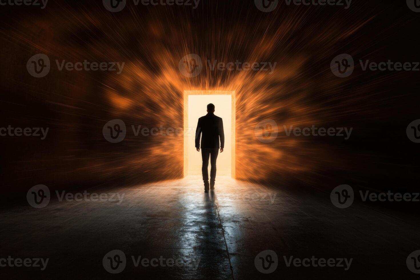 Man standing in front of an open door with a bright light coming from it photo