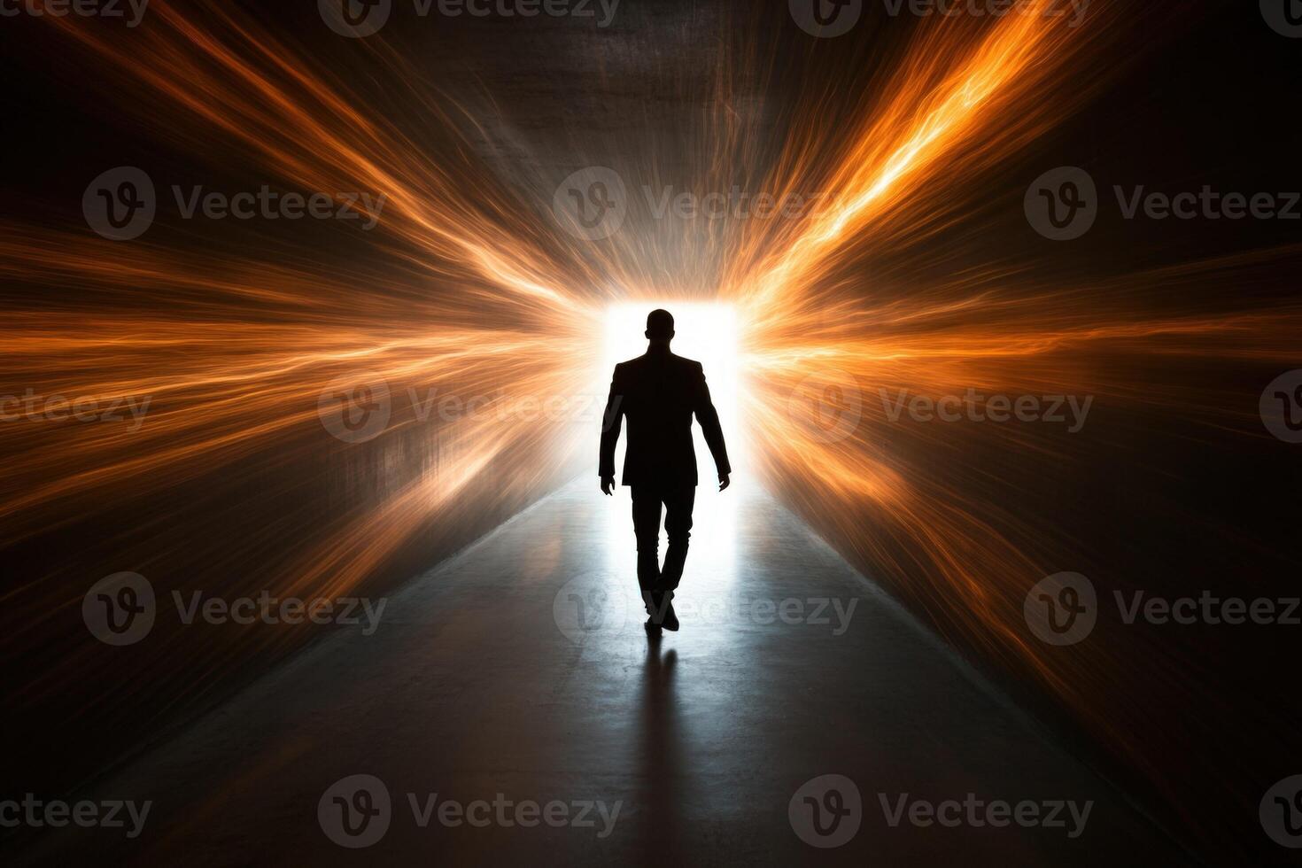 A man walking into a tunnel with light coming out of it photo