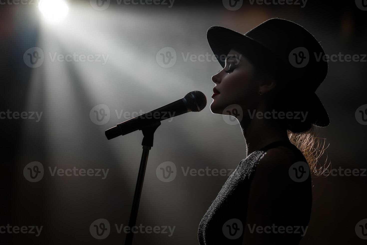 A woman in a hat sings into a microphone photo