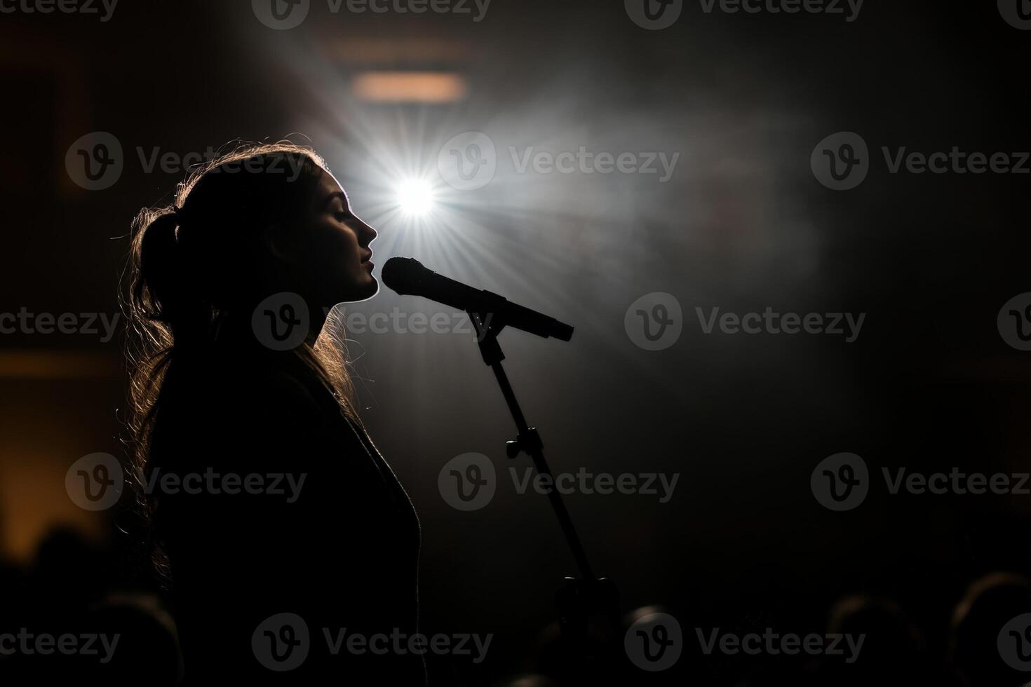 A woman is singing into a microphone in front of a crowd photo