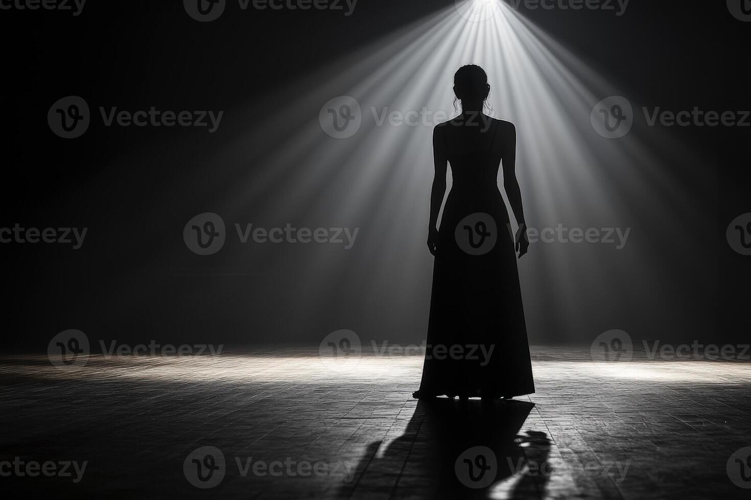 Silhouette of a woman in a long dress standing in front of a spotlight photo