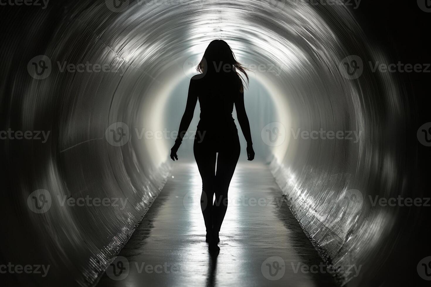 A woman walking through a tunnel with light coming from the end photo
