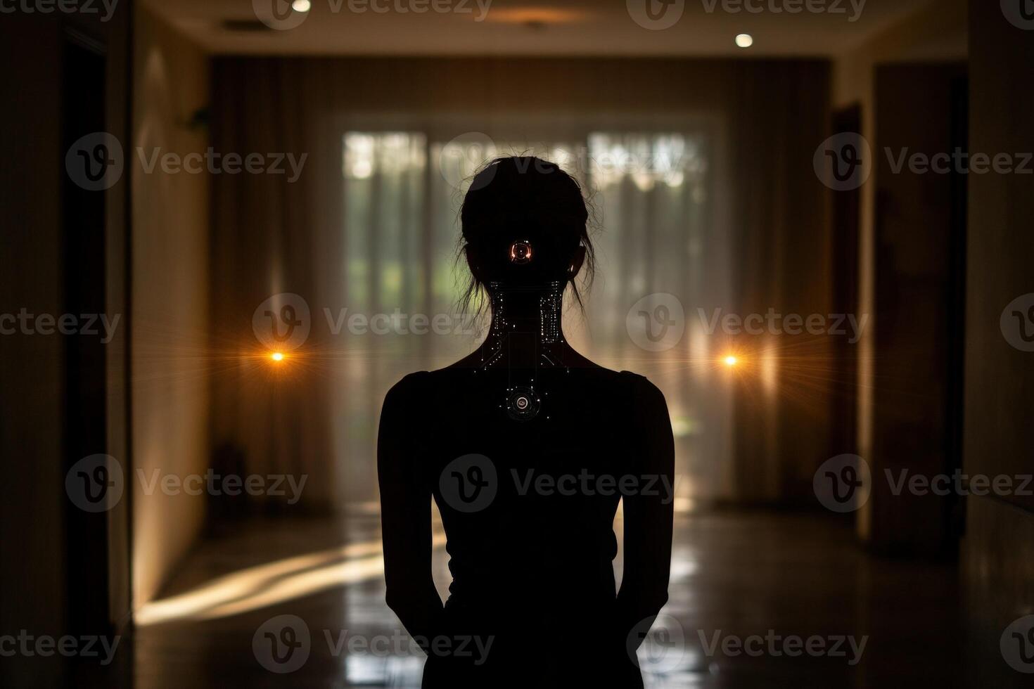 A woman standing in a dark room with a light shining on her photo