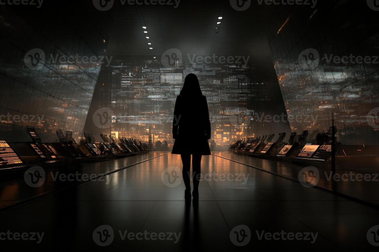 A woman stands in front of a futuristic building photo
