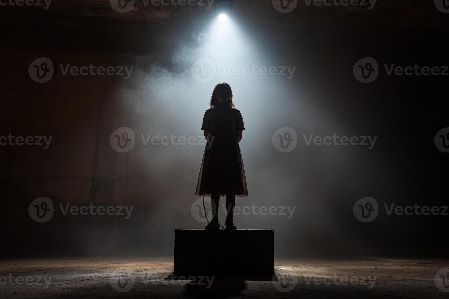 A woman standing on a box in a dark room photo