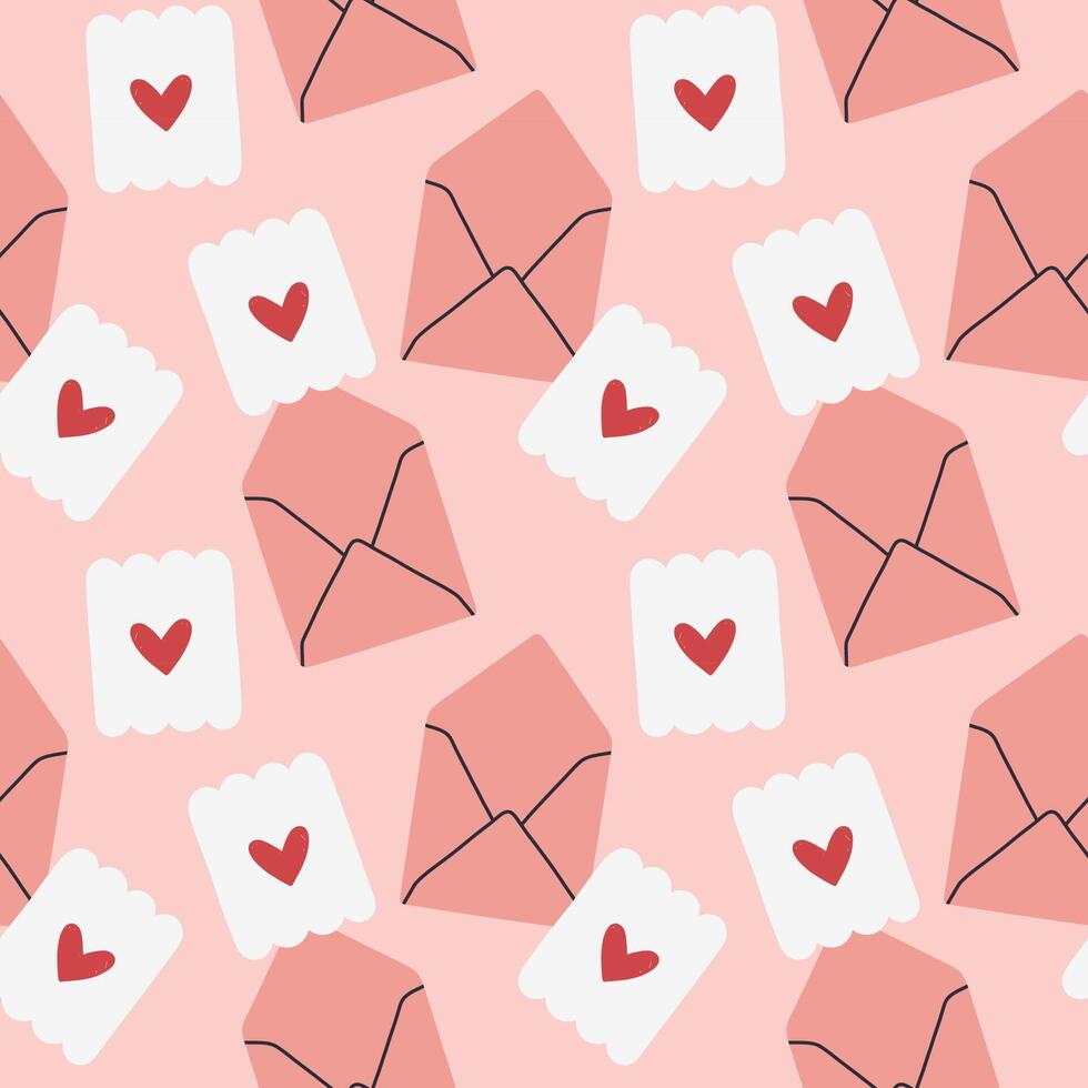 Envelope seamless pattern on pink background. Valentines day mail. Simple opened and closed envelopes, decorated with hearts. Holiday background for wrapping, textile vector