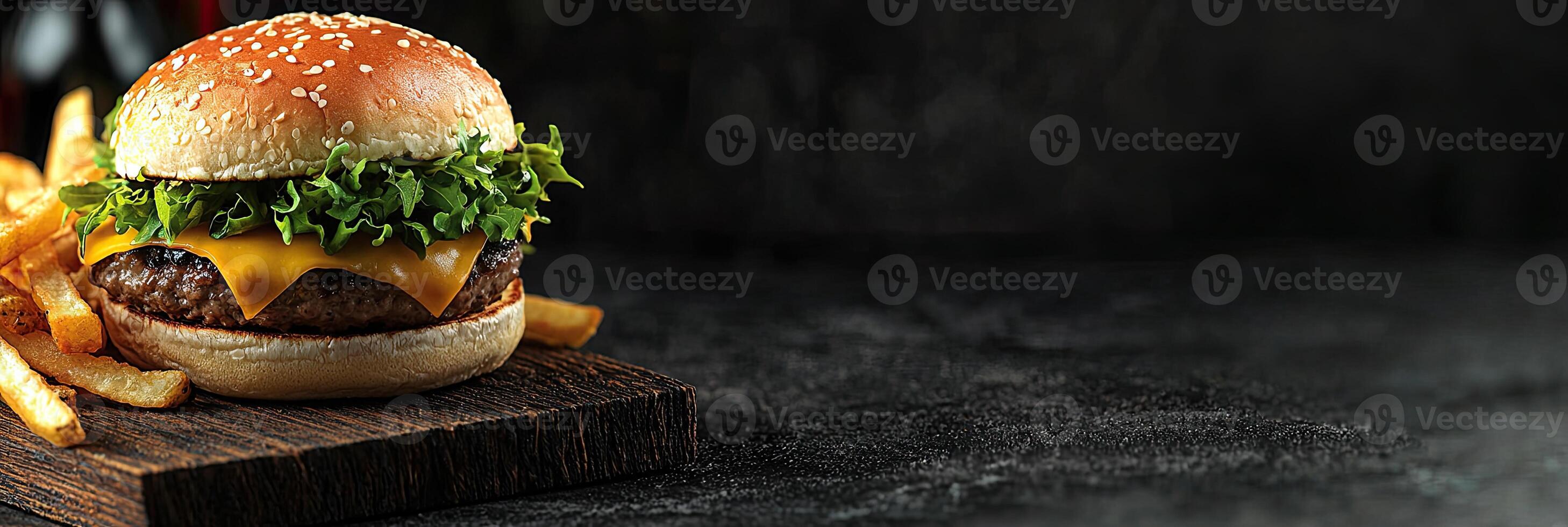 A hamburger with cheese and fries on a wooden board, against a dark background with space for text photo