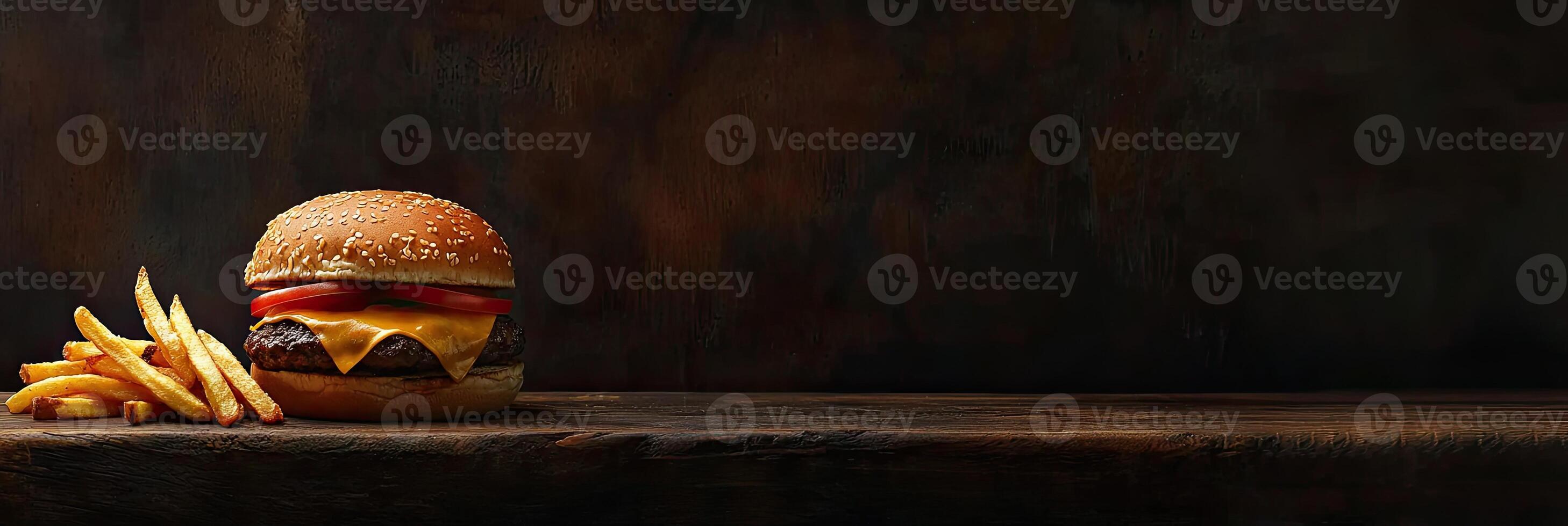 A hamburger with cheese and fries on a wooden board, against a dark background with space for text photo