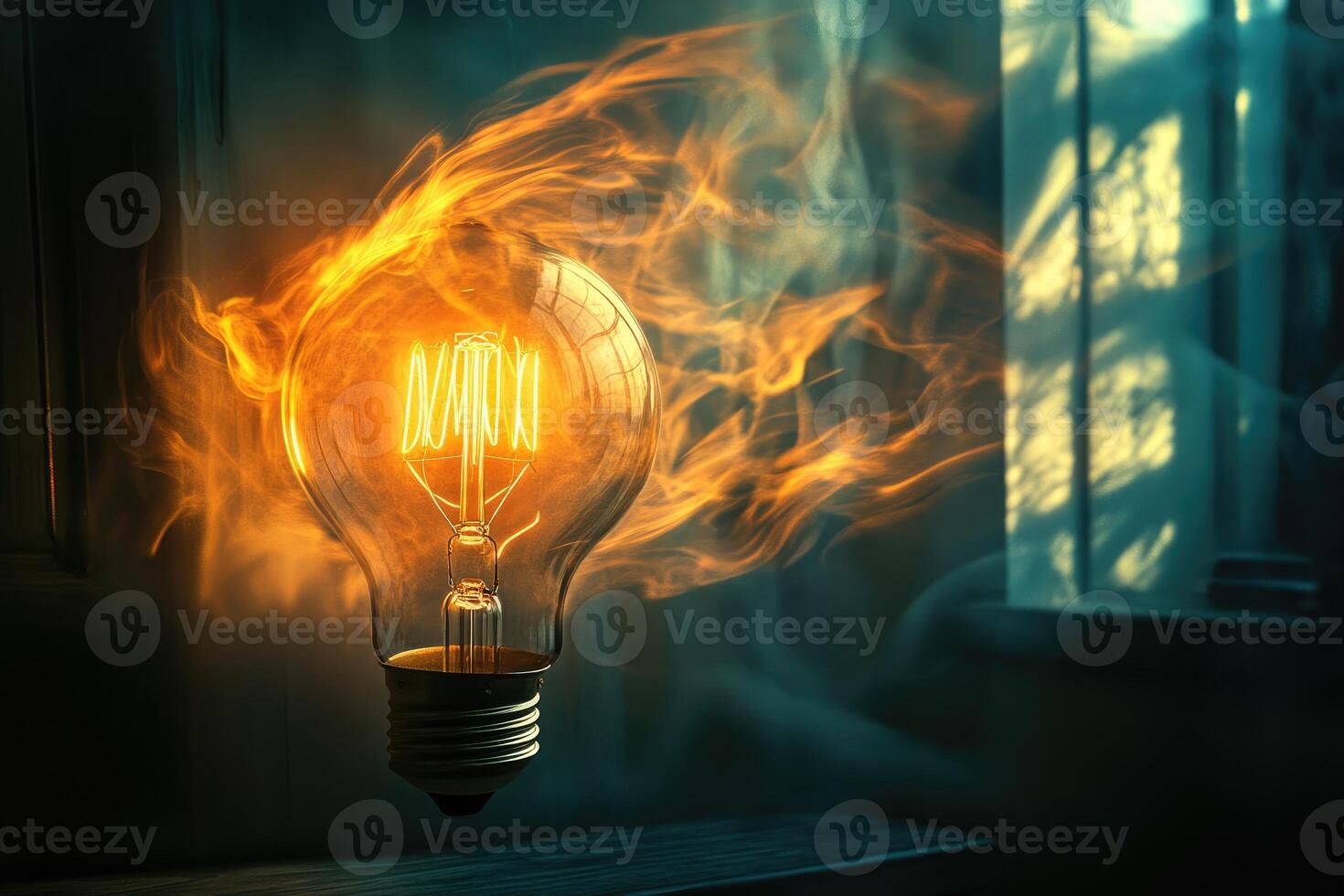 A Glowing Lightbulb Surrounded by Flames and Smoke photo