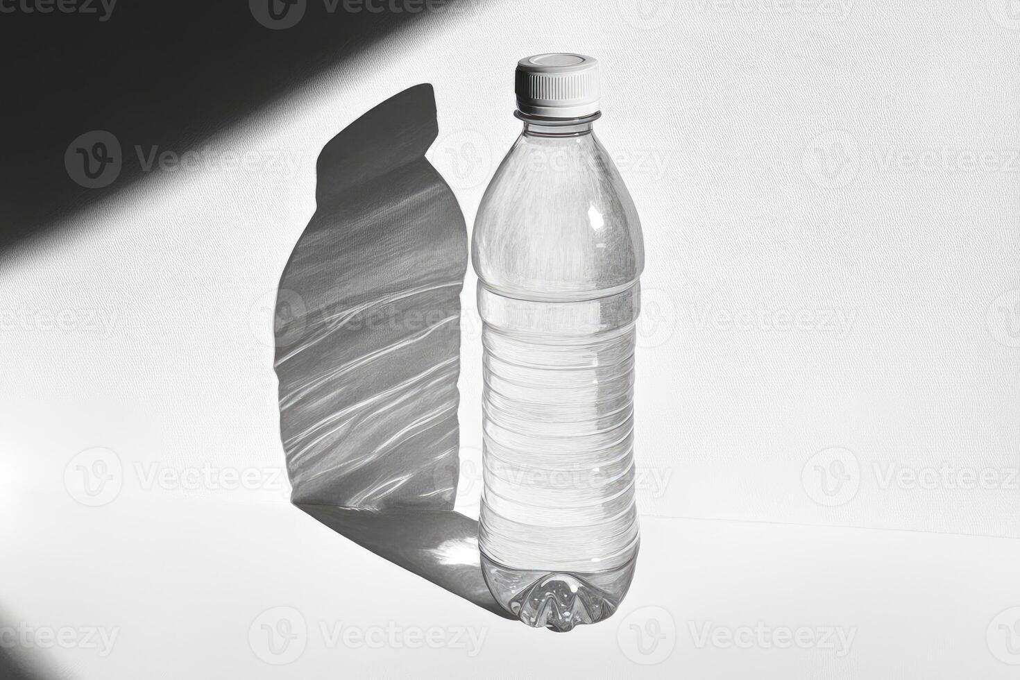 A Transparent Plastic Water Bottle with a White Cap Casting a Shadow on a White Surface photo