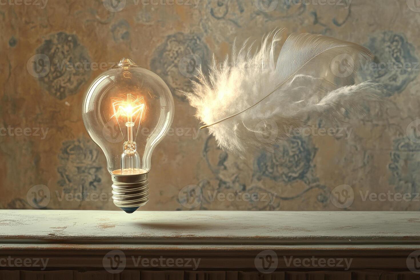 A Light Bulb Glowing Next to a Single White Feather on a Wooden Table photo