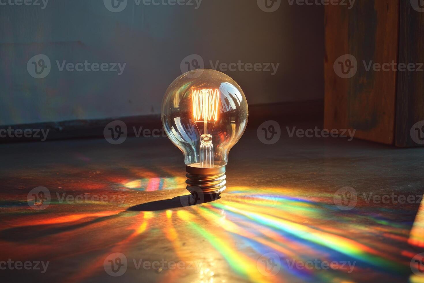 A Single Light Bulb Casting a Rainbow on a Wooden Surface photo
