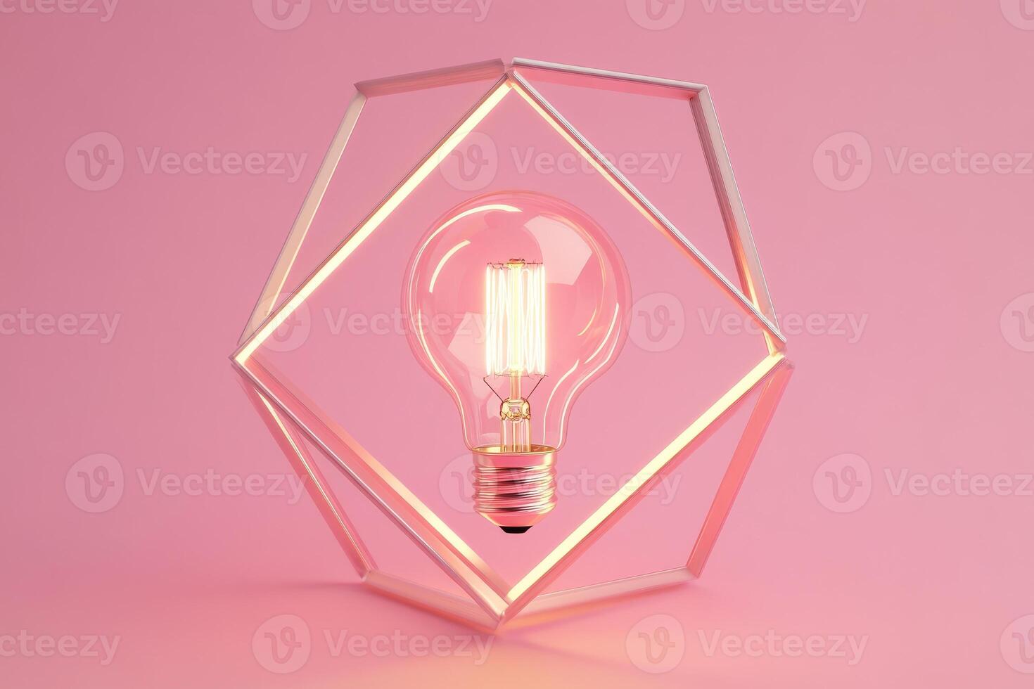 Illuminated Light Bulb Inside a Geometric Frame on Pink Background photo