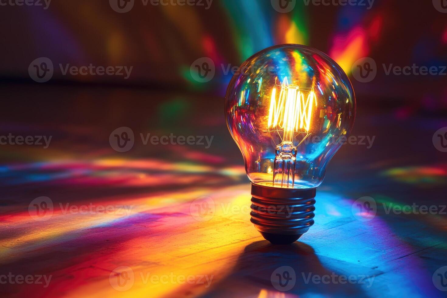 Illuminated Light Bulb with Multicolored Reflections on a Wooden Surface photo