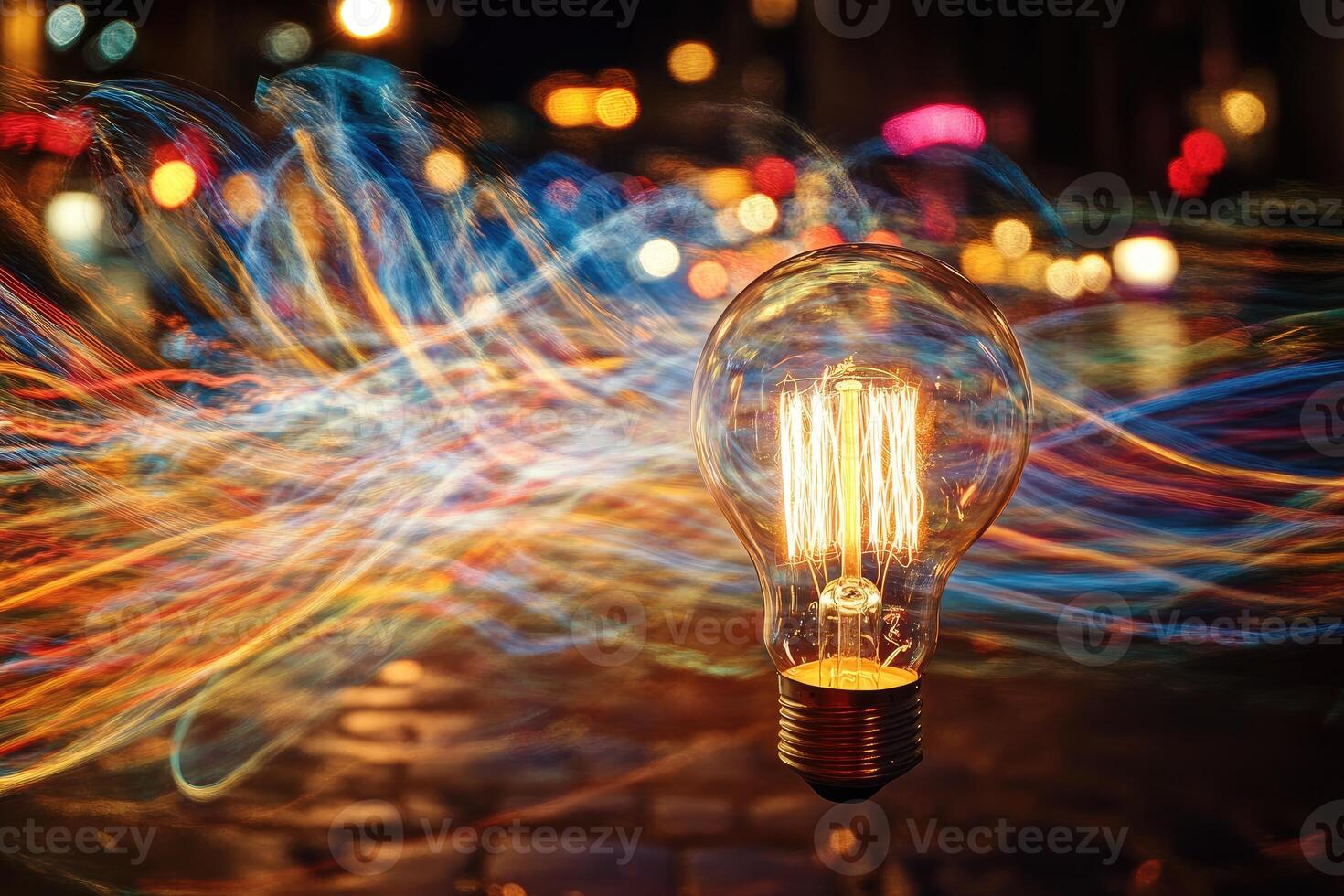 Light Bulb Glowing in a Nighttime Cityscape with Blurred Lights photo