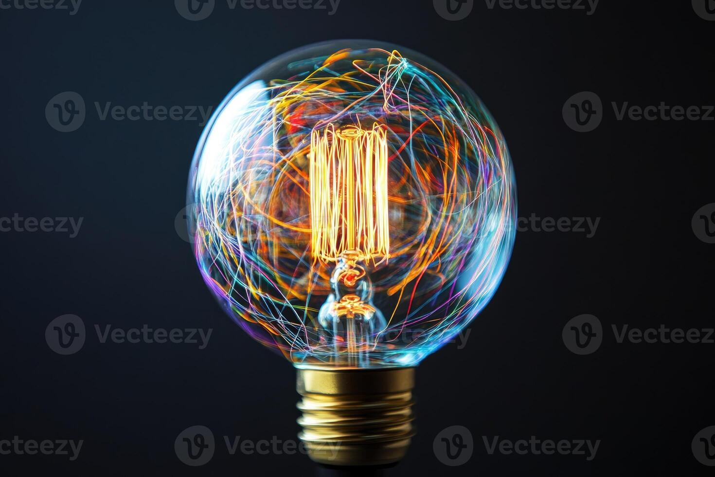 A Light Bulb with Colorful Streaks Inside on a Black Background photo