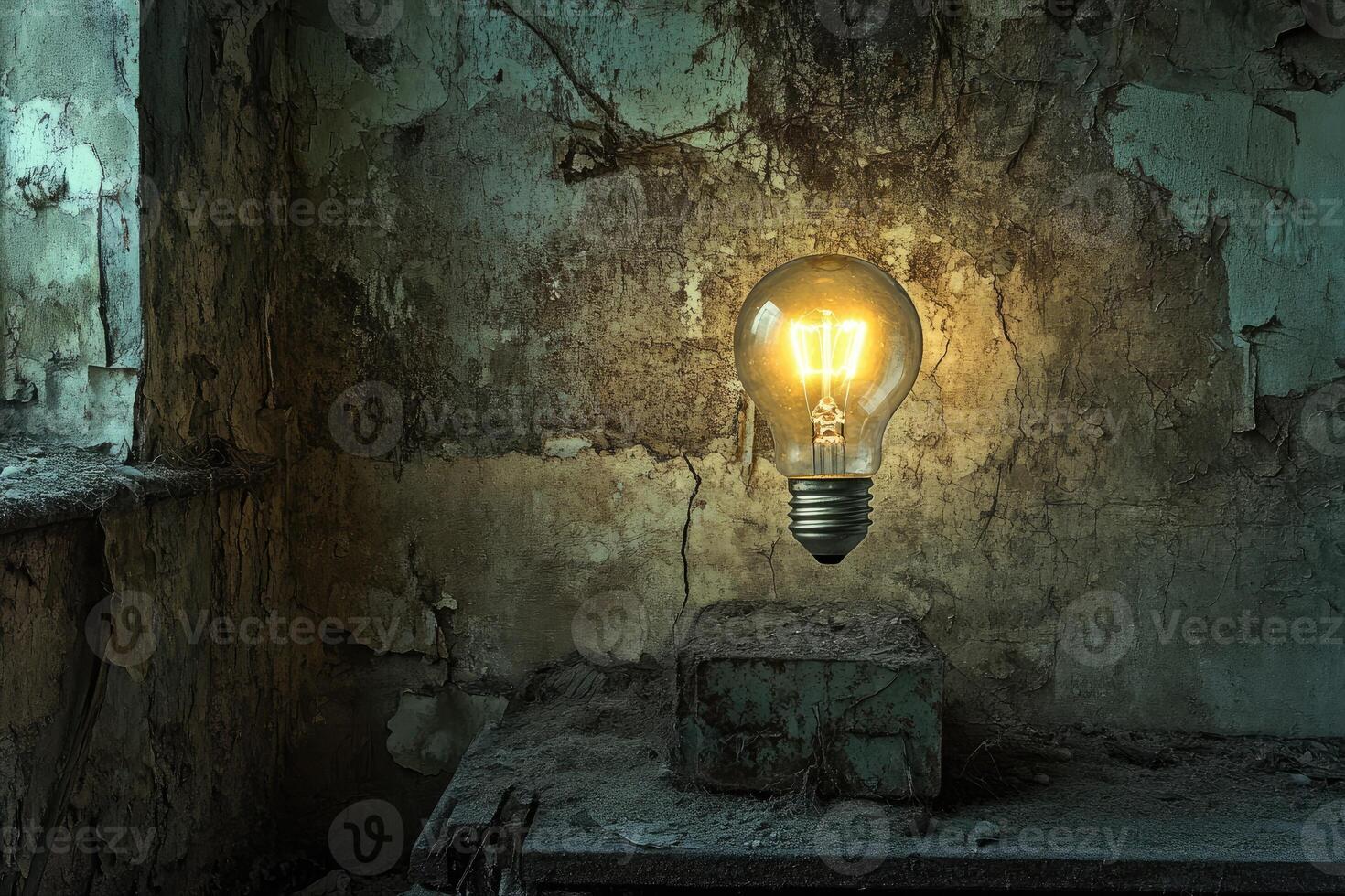 Glowing Light Bulb in a Decaying Room photo