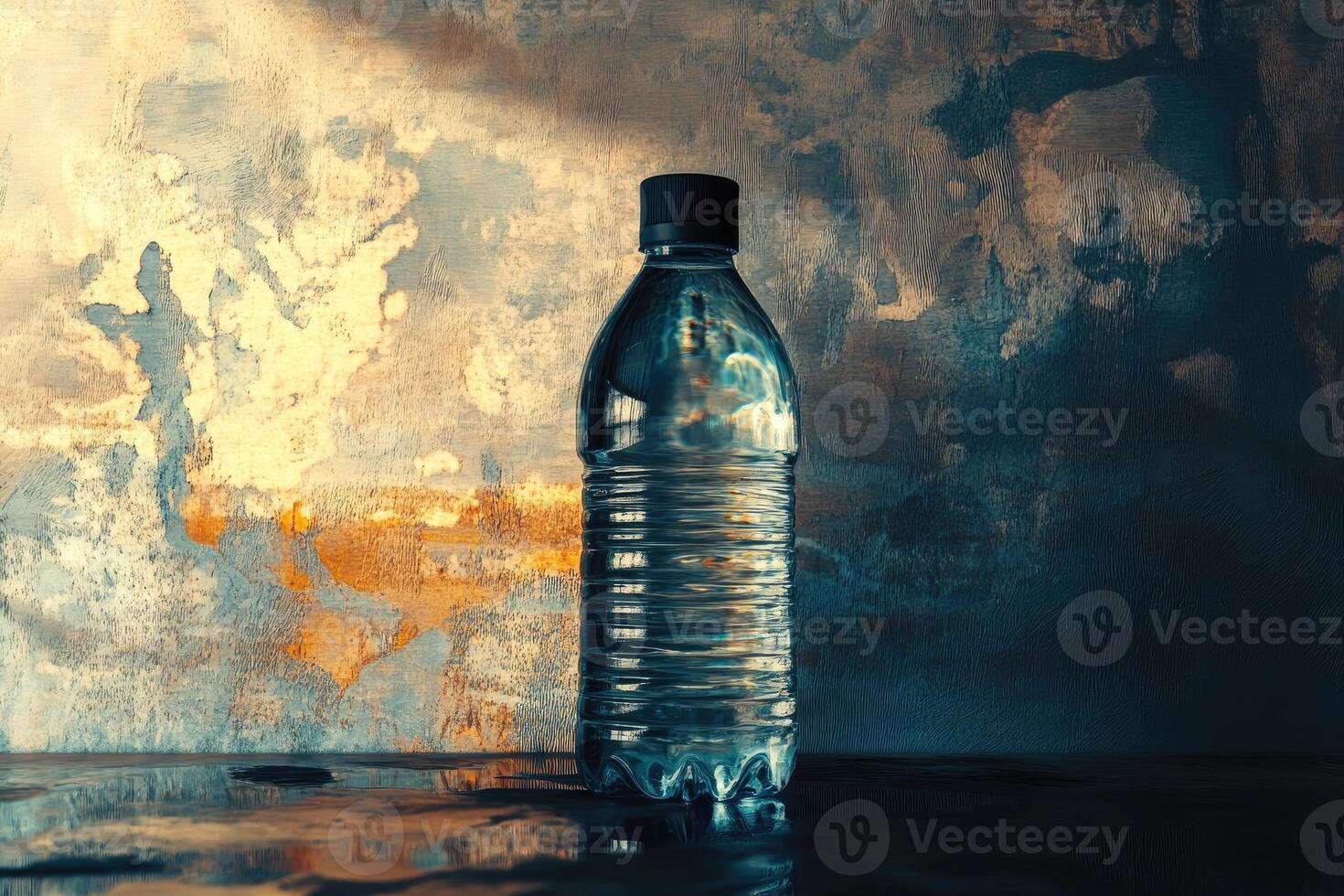 A Single Plastic Water Bottle on a Textured Surface with a Reflection photo