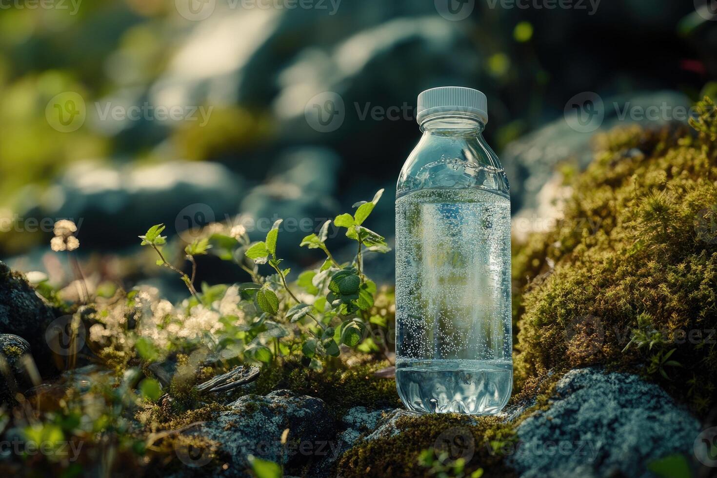 A Close-Up of a Water Bottle Resting on Moss-Covered Rocks photo