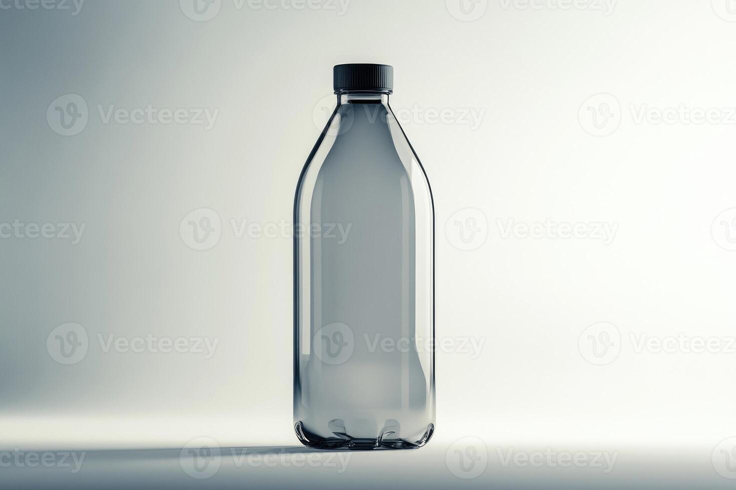 A Single Clear Plastic Bottle with a Black Cap on a White Background photo