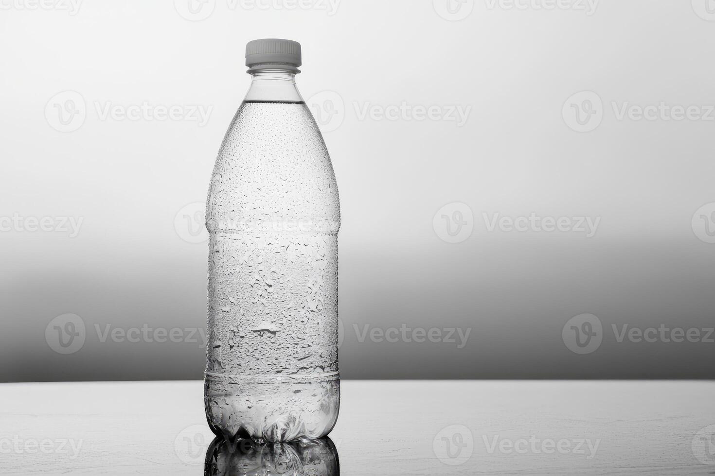 A Cold Bottle of Water with Condensation on a White Surface photo