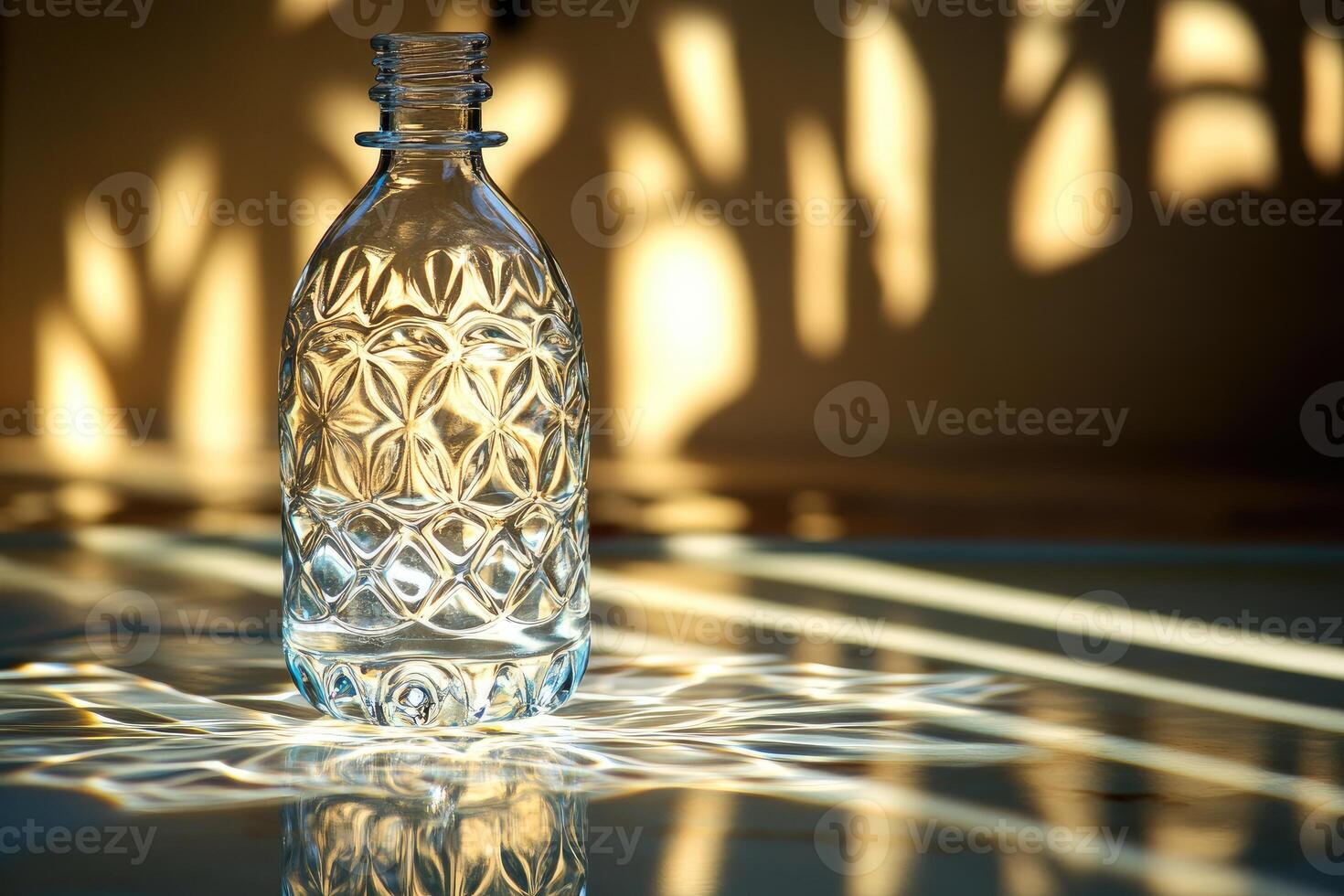 Glass Bottle with Intricate Pattern Reflecting Sunlight on a Table photo