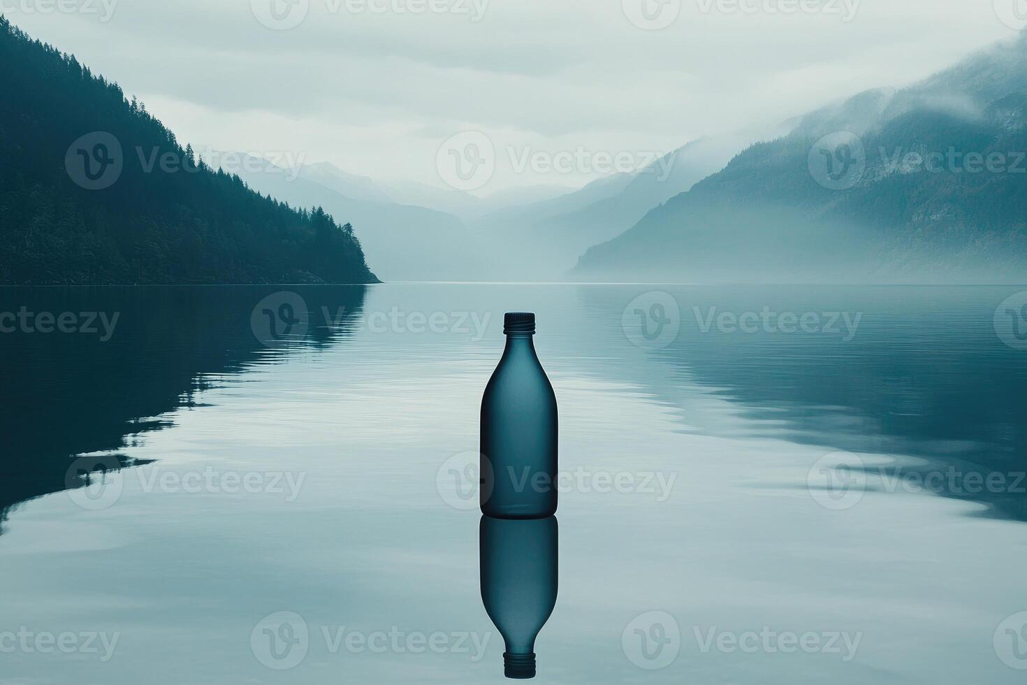 A Single Glass Bottle Floating on a Calm Lake Surrounded by Misty Mountains photo