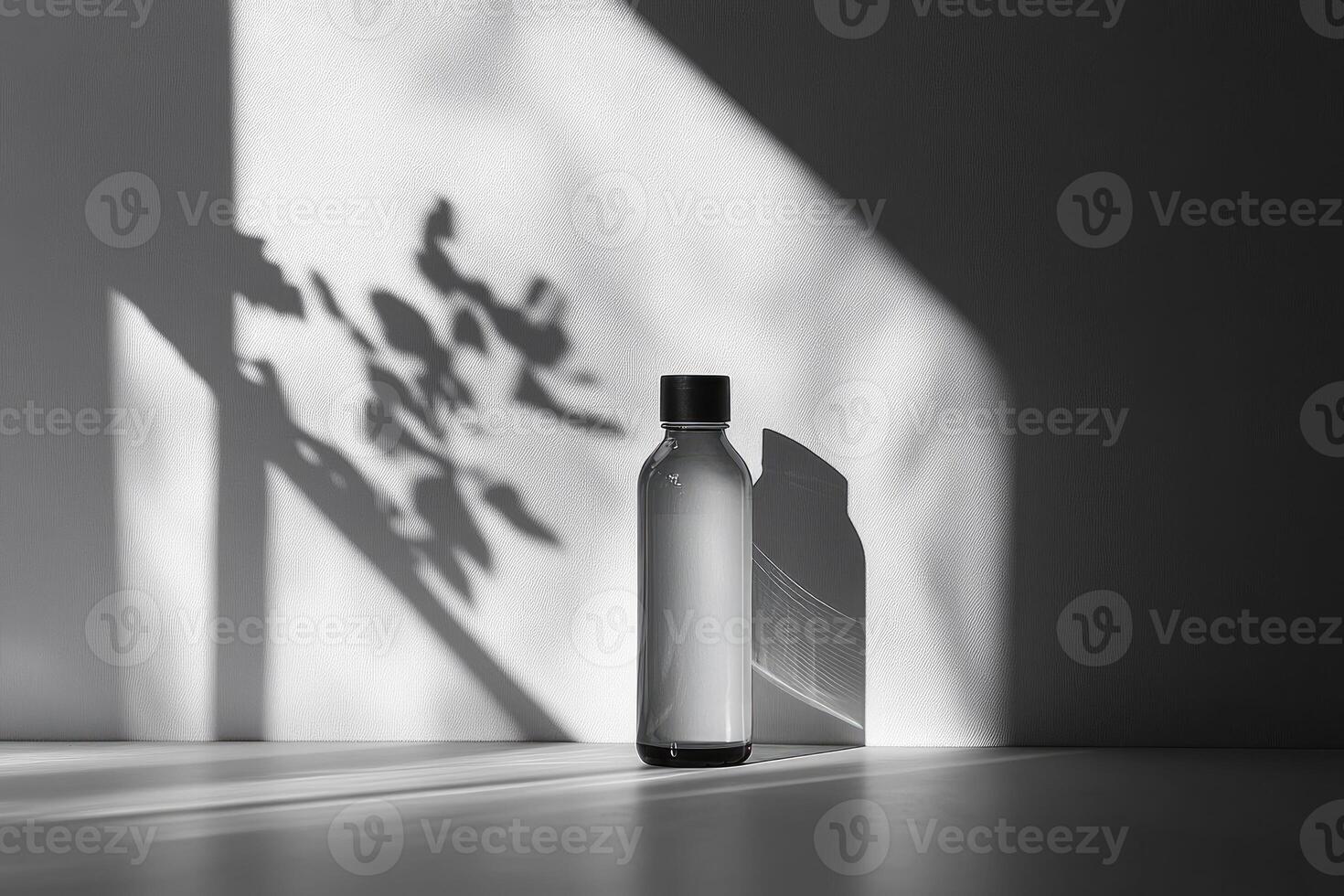 Glass Bottle with Black Cap in Sunlight with Shadow of Foliage on White Wall photo