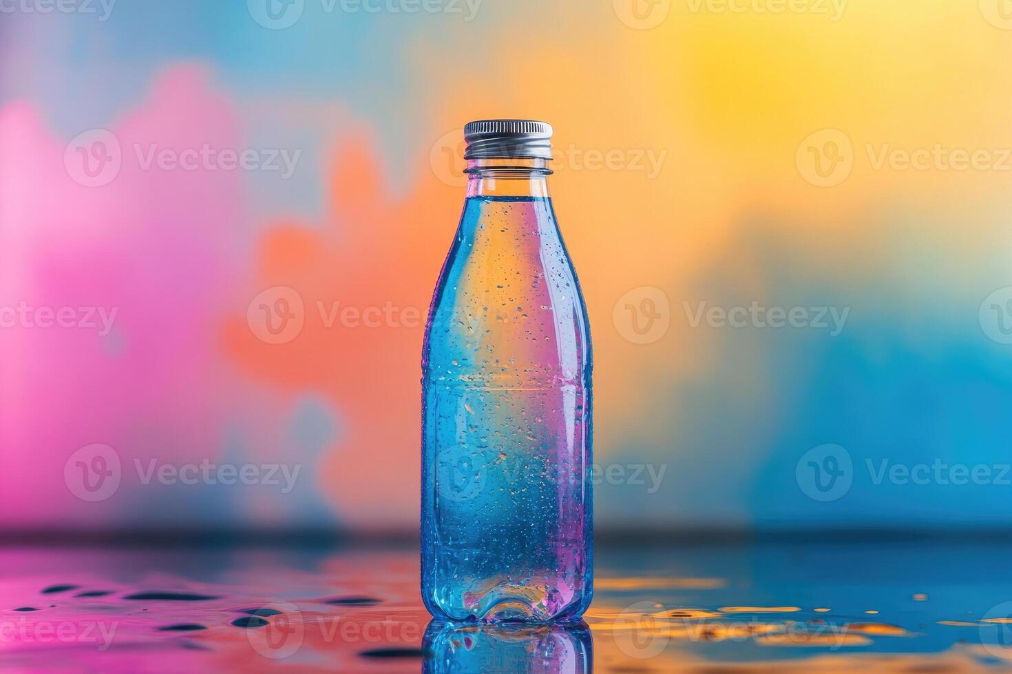 Blue Glass Bottle with Metallic Cap Against a Colorful Background photo
