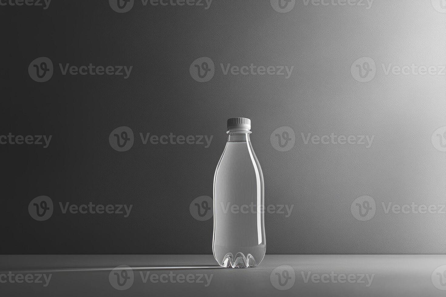 A single clear plastic water bottle with a white cap on a gray background. photo