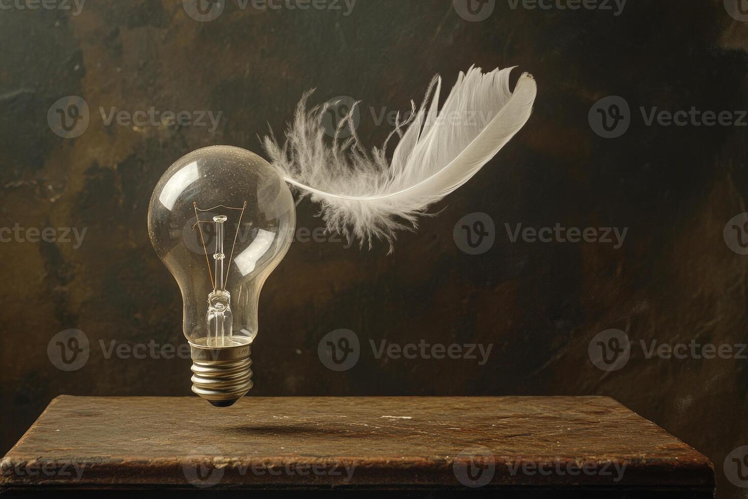 Light Bulb with a White Feather Floating Above a Wooden Surface photo