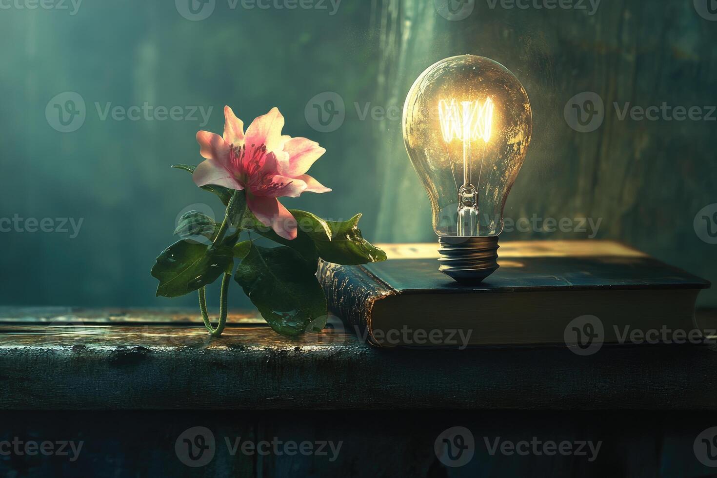 Illuminated Flower, Book, and Lightbulb on a Dark Surface photo