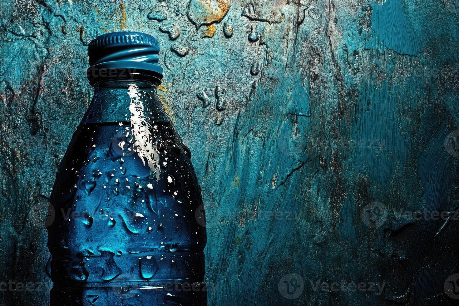 A Close-Up of a Blue Water Bottle with Condensation Against a Distressed Teal Background photo