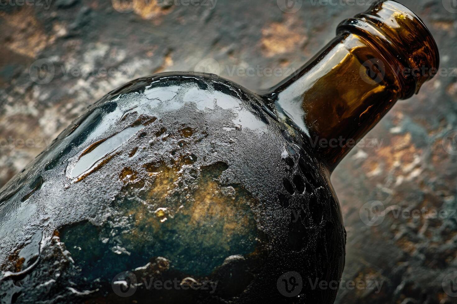 Close-up of a Weathered Glass Bottle with a Rough Texture photo