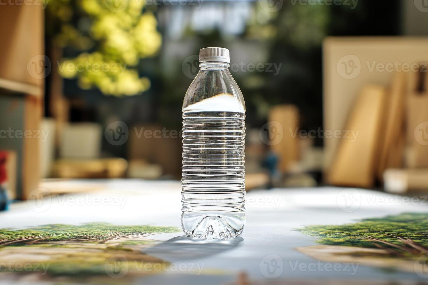 A Clear Plastic Water Bottle with a White Cap Standing on a Table photo