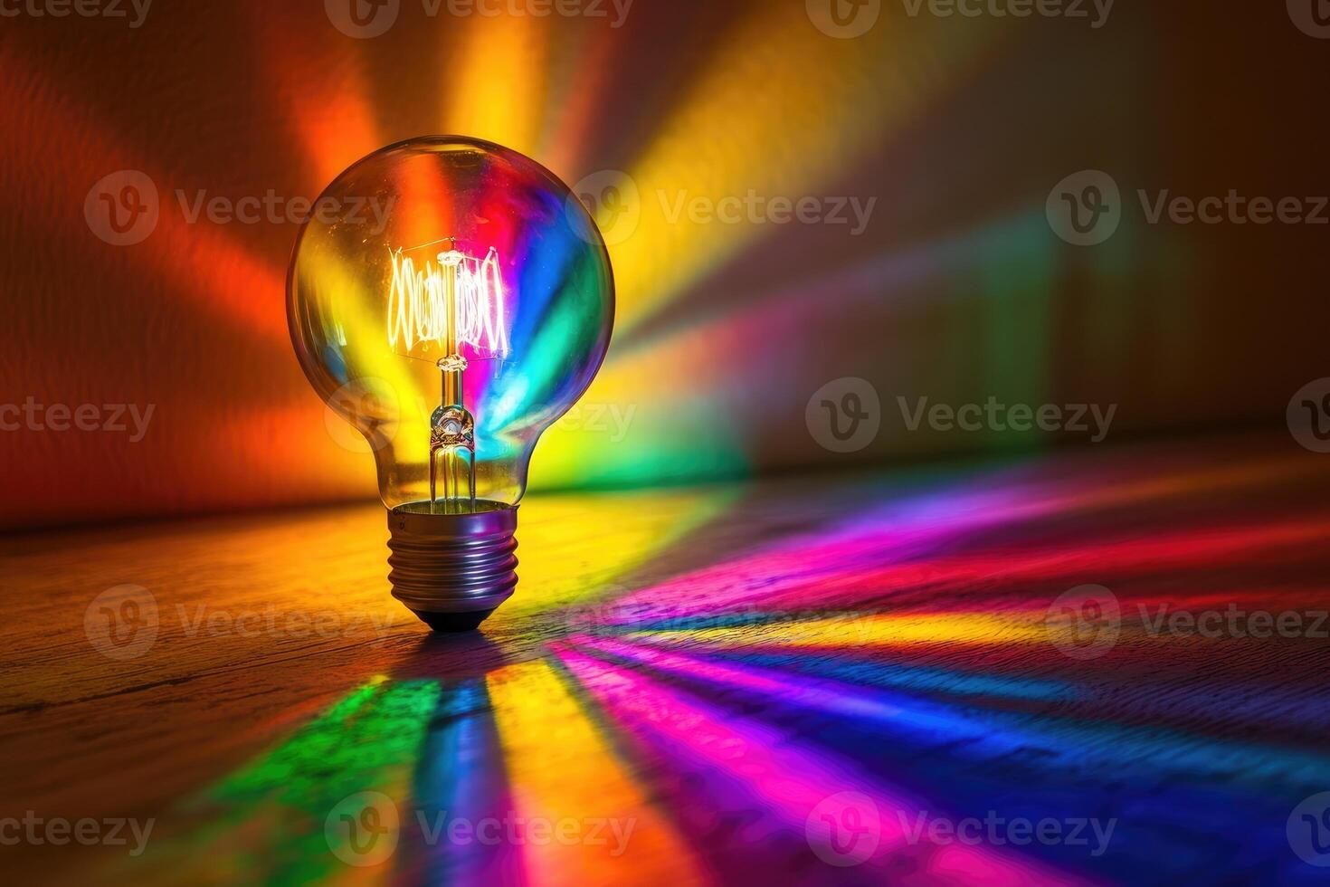 A Single Lightbulb Casting a Rainbow Spectrum on Wood photo