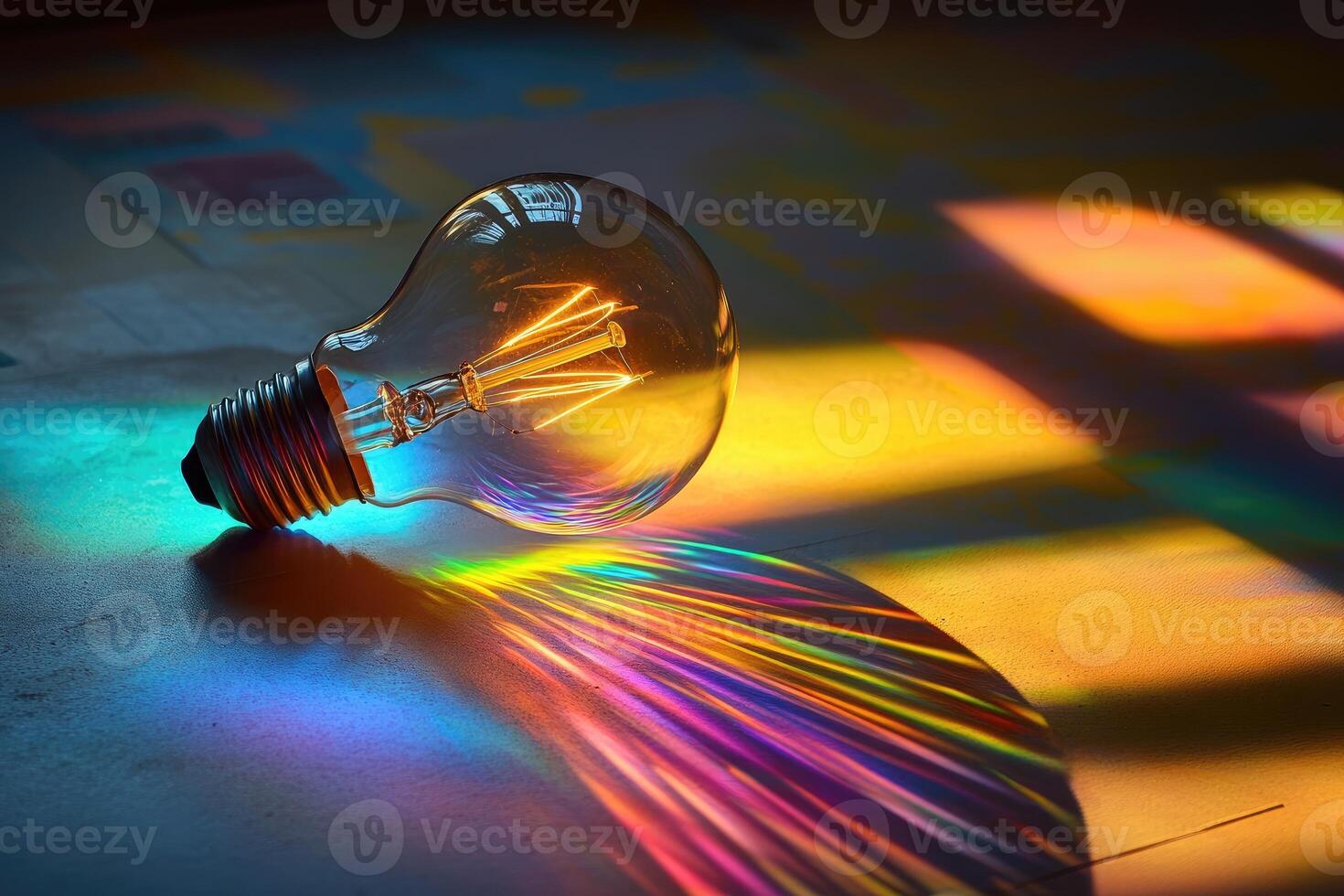 Lightbulb Casting a Rainbow Spectrum on a Surface photo