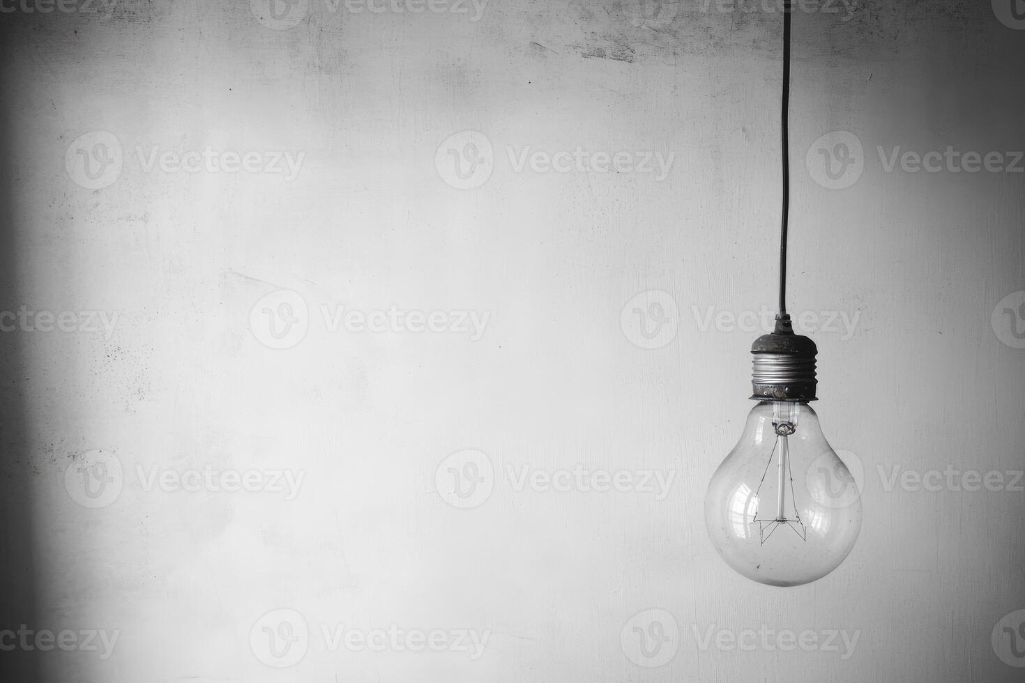 A Single Lightbulb Hanging Against a White Wall photo