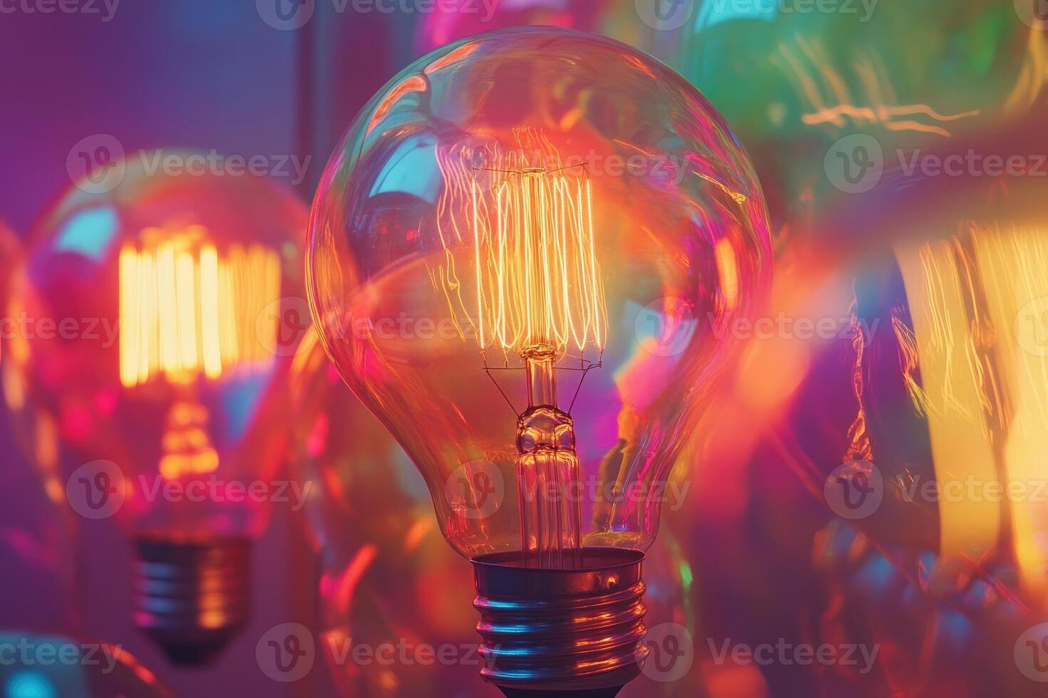 Closeup of a Lit Lightbulb with a Colorful Background photo