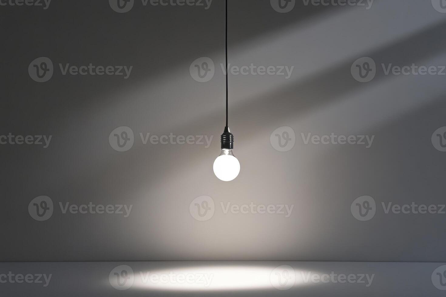 A Single Lightbulb Hanging from a Ceiling in a Room with a Grey Wall photo
