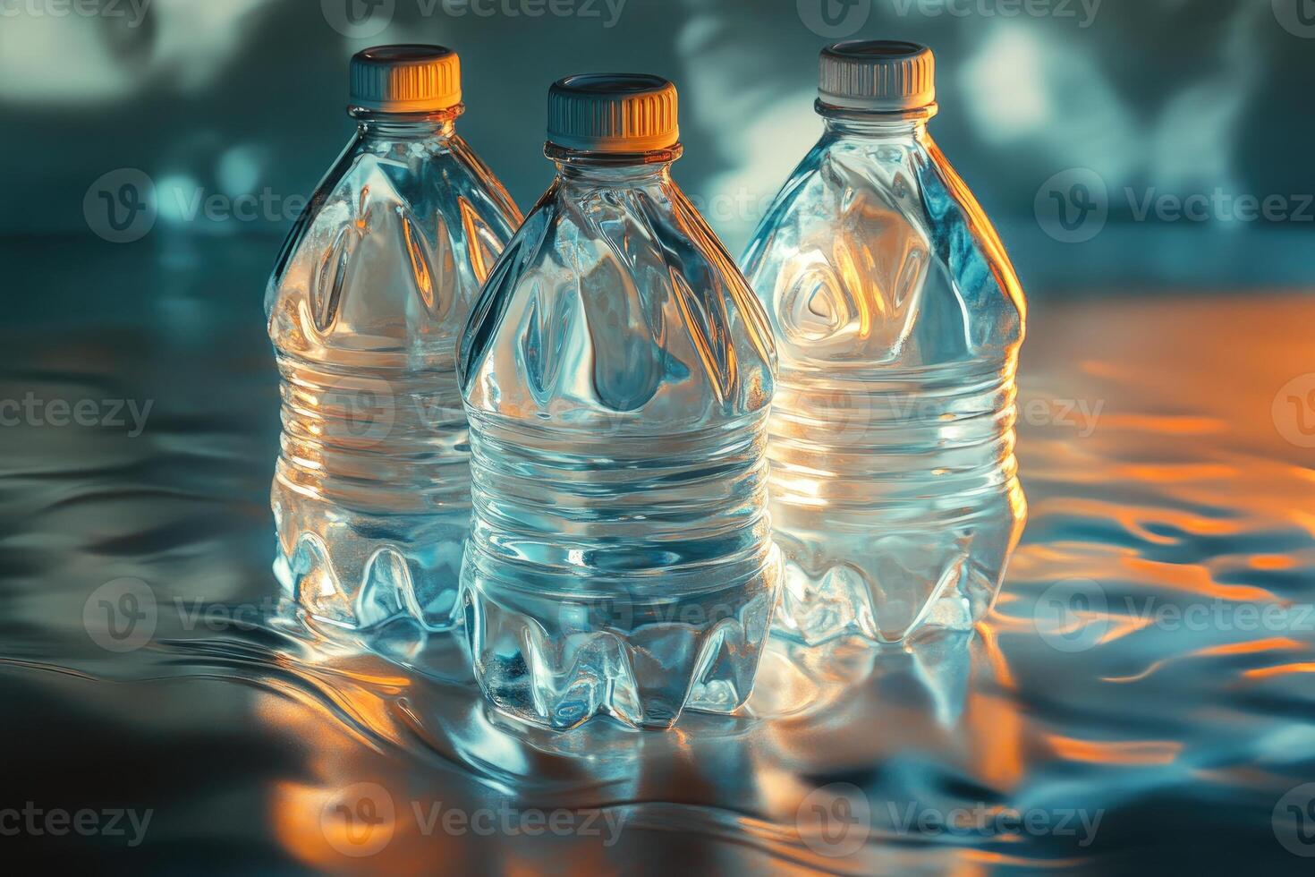 Three Clear Plastic Water Bottles on a Reflective Surface photo