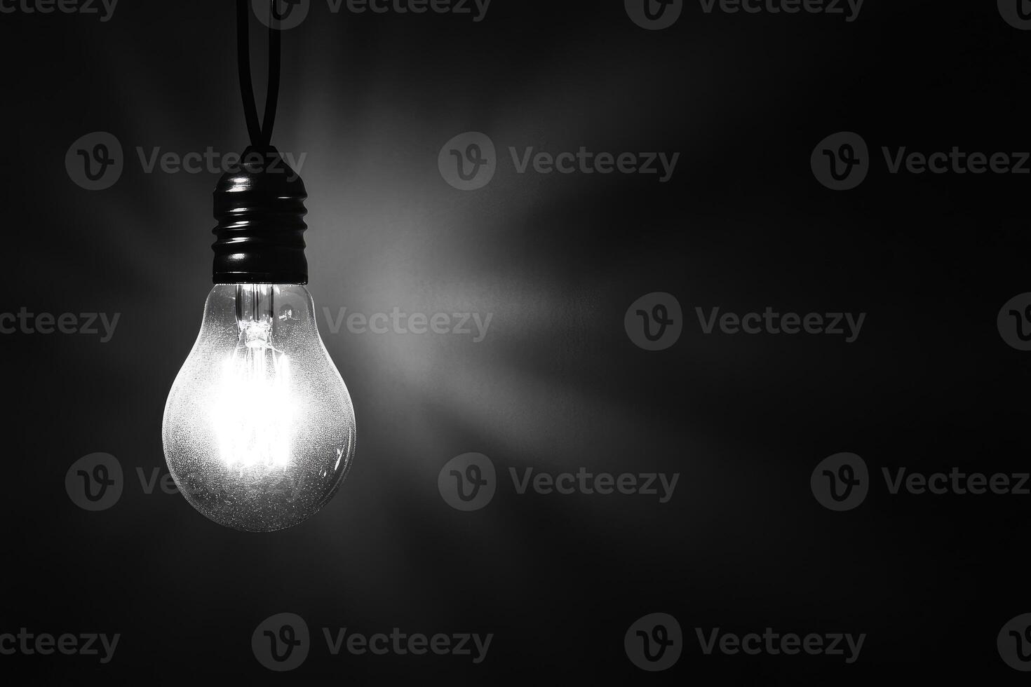A Single Lightbulb Hanging in a Dark Room photo