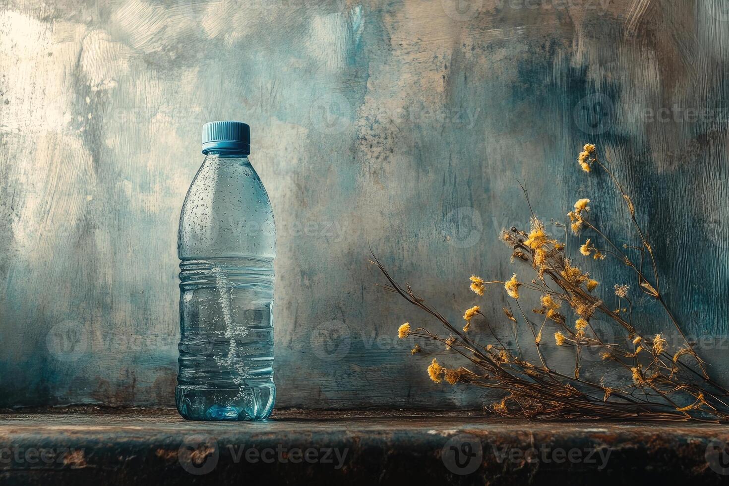 Water Bottle and Dried Flowers on a Weathered Surface photo