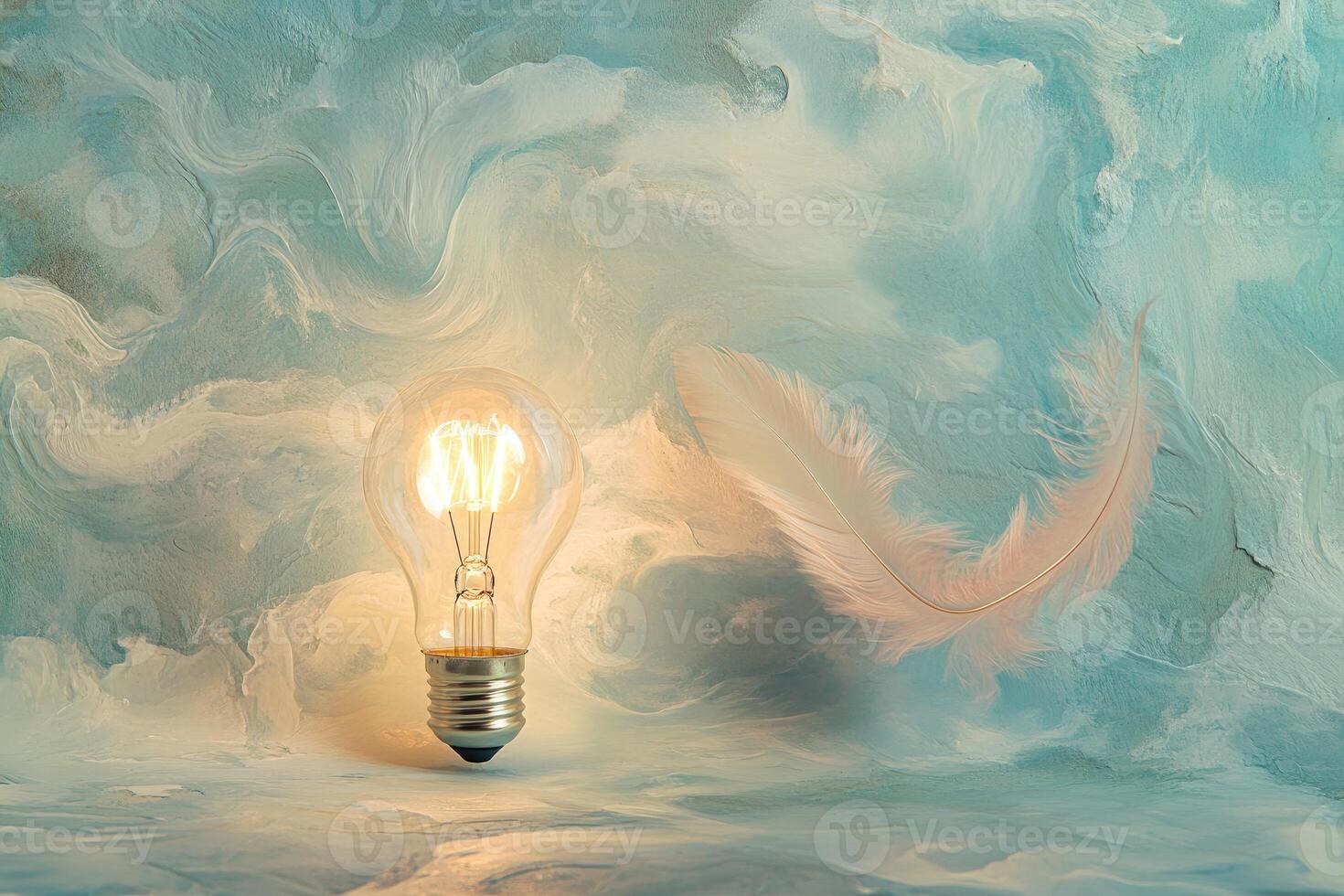 A Glowing Lightbulb and a Single Feather on a Teal and White Abstract Background photo
