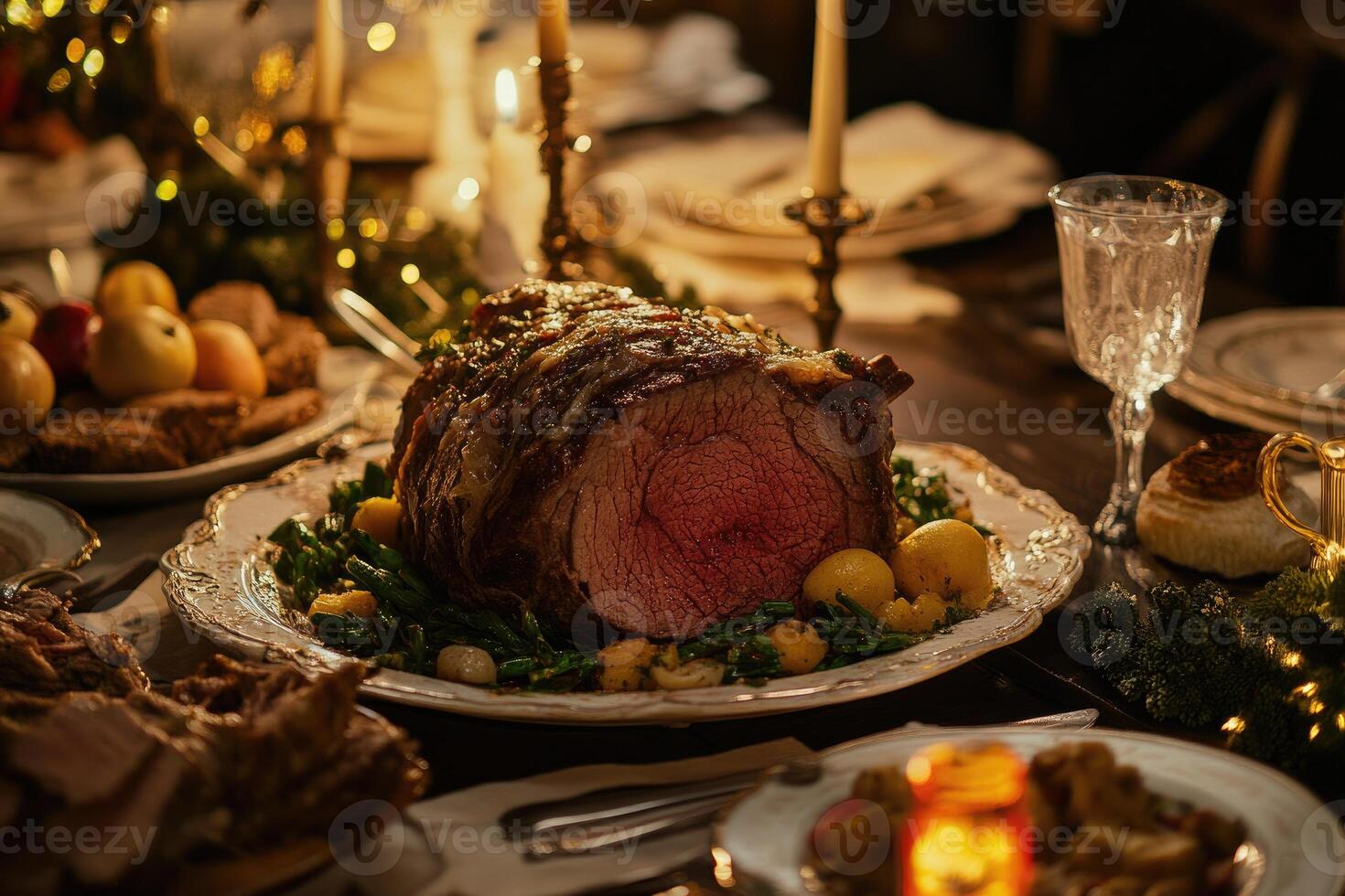 A large roast beef is on a plate with other food photo