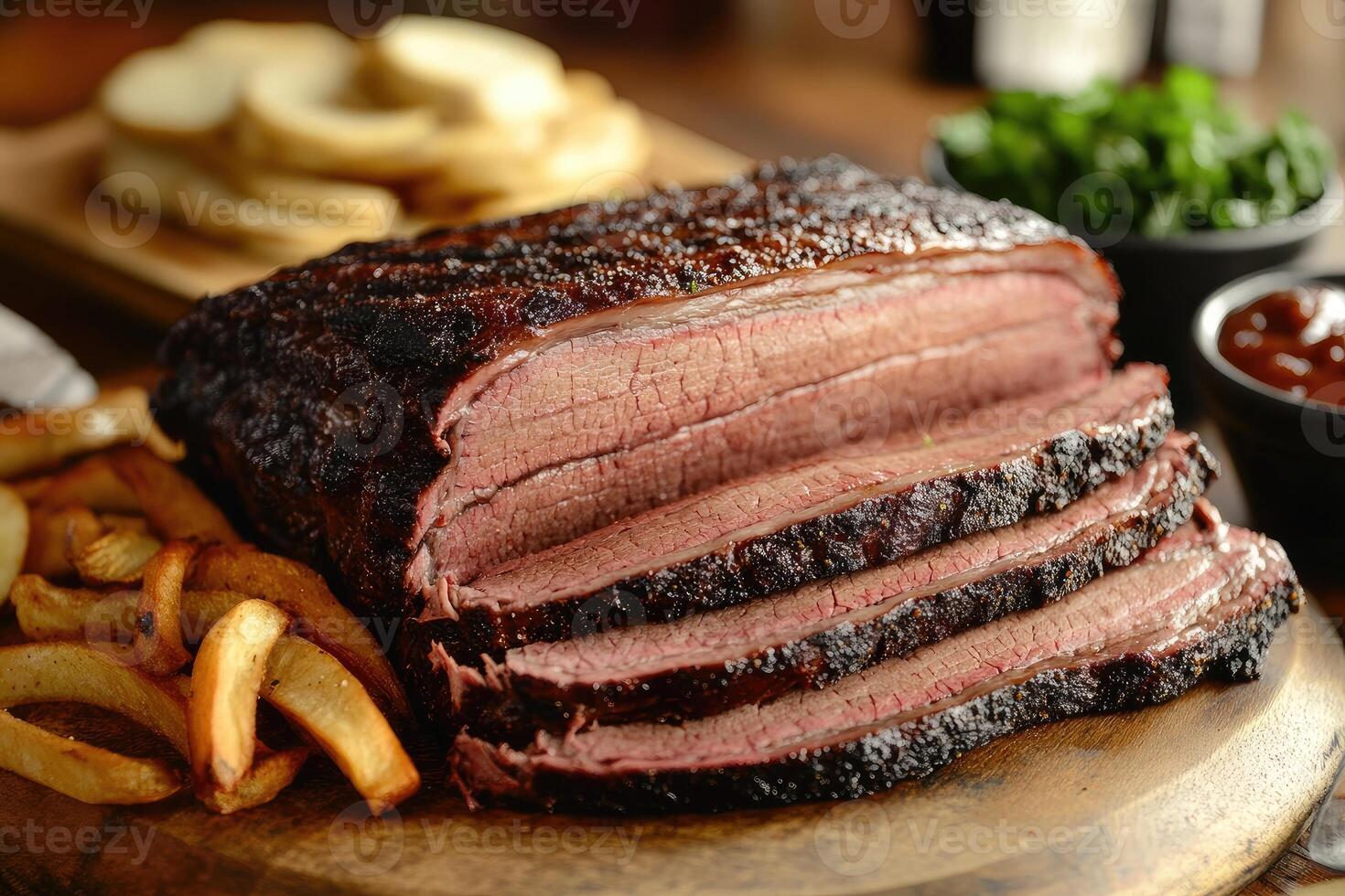 Sliced Smoked Brisket Served With Fries And Bread photo