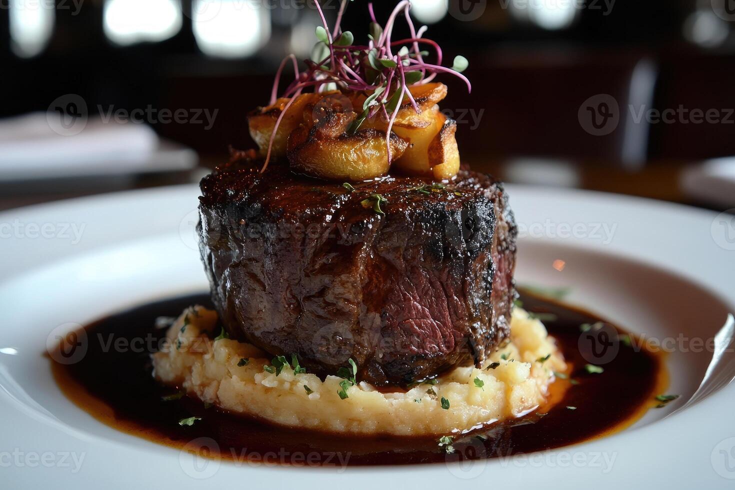 Gourmet Beef Filet with Mashed Potatoes and Garnish photo